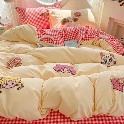 91家纺网 家纺一手货源 找家纺 （总）子钦家纺 2025新款云朵棉针织棉水洗棉毛巾绣卡通宿舍儿童四件套-月亮女神