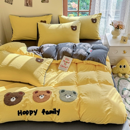 91家纺网 家纺一手货源 找家纺 优卡迪家纺馆 2025新款水洗棉毛巾绣四件套（下载文件夹包含买家秀） 三头熊-柠檬黄