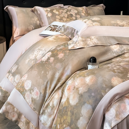 博纳家纺 2025新款50兰精天丝大宽边撞色拼角高级简奢款凉感天丝数码印花四件套（已在兰精公司备案） 胭脂黛玉