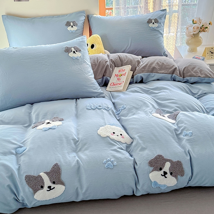 91家纺网 家纺一手货源 找家纺 优卡迪家纺馆 2025新款水洗棉毛巾绣四件套（下载文件夹包含买家秀） 萌萌狗-月光蓝