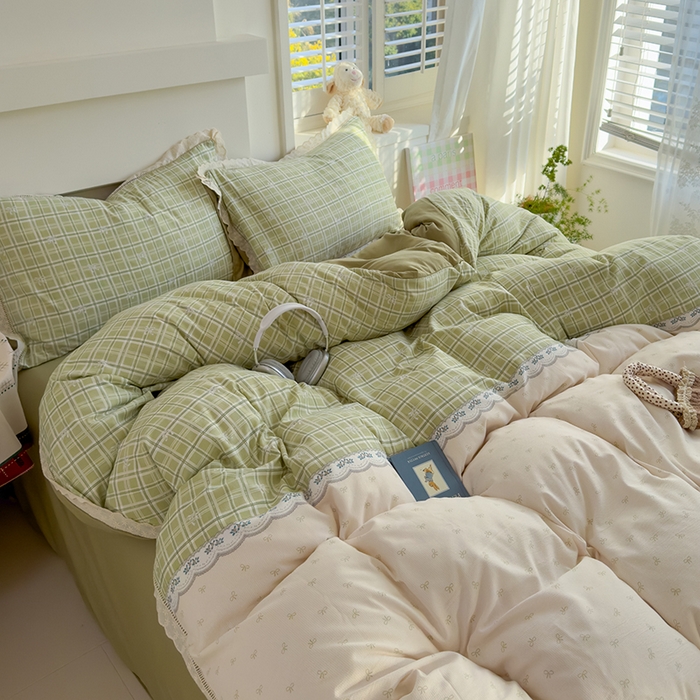 91家纺网 家纺一手货源 找家纺 竹合家纺 2025新款春日碎花法式镂空花边款式提花皱皱四件套 法式-结美绿