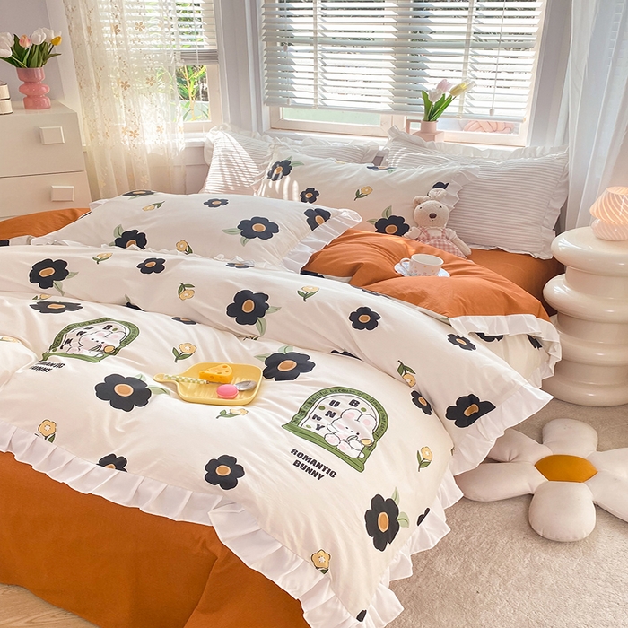 91家纺网 家纺一手货源 找家纺 2025新款公主风四件套全棉纯棉白花边被套床单款式三件套 邦尼兔