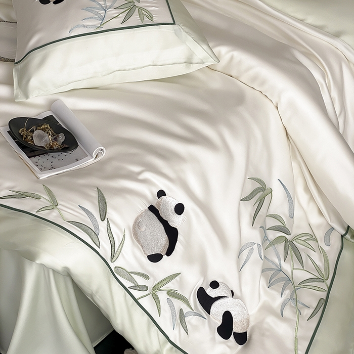 91家纺网 家纺一手货源 找家纺 MIU缪家居 2025新款60支兰精天丝四件套-熊猫与竹 熊猫与竹-爽白