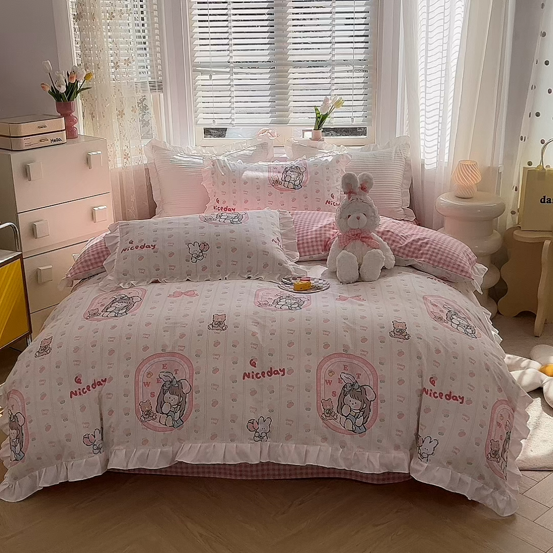 91家纺网 家纺一手货源 找家纺 2025新款公主风四件套全棉纯棉白花边被套床单款式三件套 公主兔