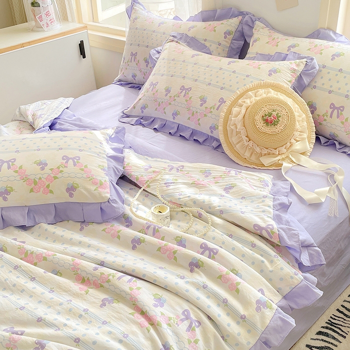 91家纺网 家纺一手货源 找家纺 佳一家纺 2025新款亲肤水洗棉夏被 蝴蝶结紫