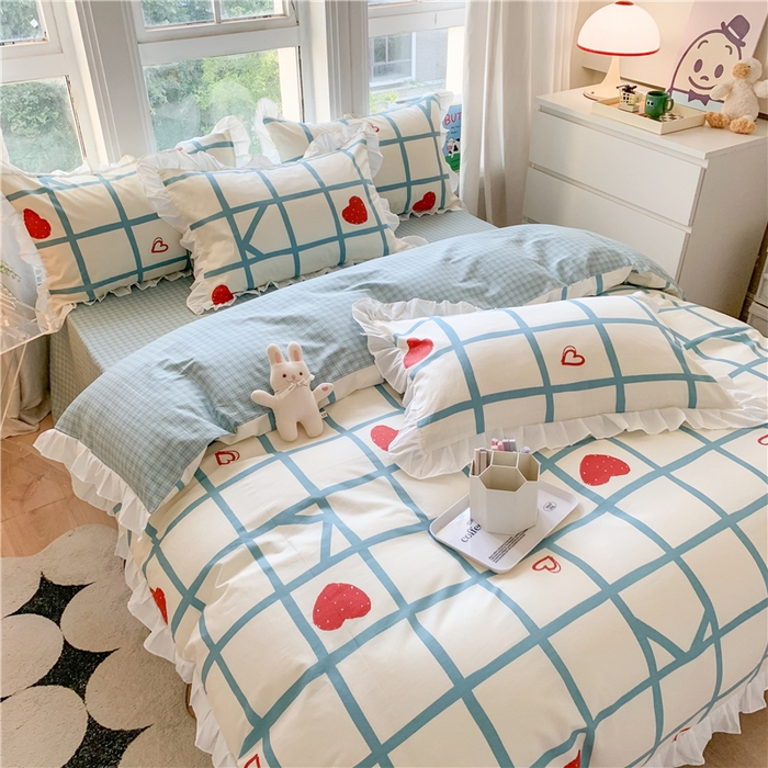 91家纺网 家纺一手货源 找家纺 2025新款公主风四件套全棉纯棉白花边被套床单款式三件套 心心格