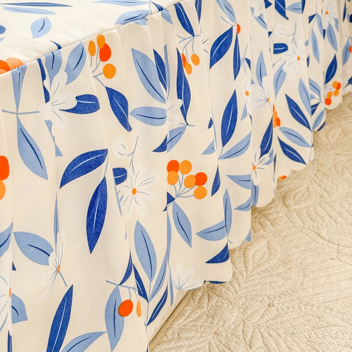 91家纺网 家纺一手货源 找家纺 莎臣豹 2025新款植物羊绒单品单件单床裙可配床裙三件套 蓝橙叶语