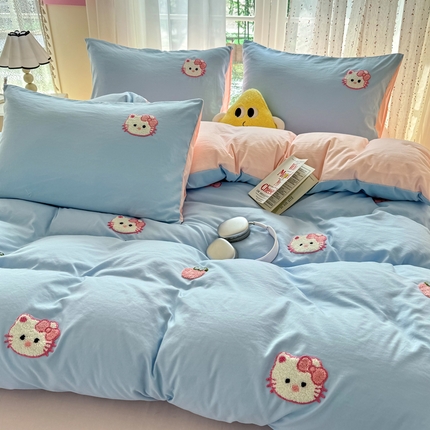 优卡迪家纺馆 2025新款水洗棉毛巾绣四件套（下载文件夹包含买家秀） 草莓KT-天蓝