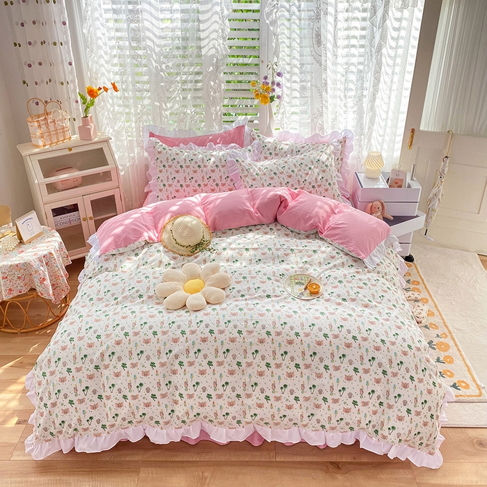 91家纺网 家纺一手货源 找家纺 2025新款公主风四件套全棉纯棉白花边被套床单款式三件套 小飞象