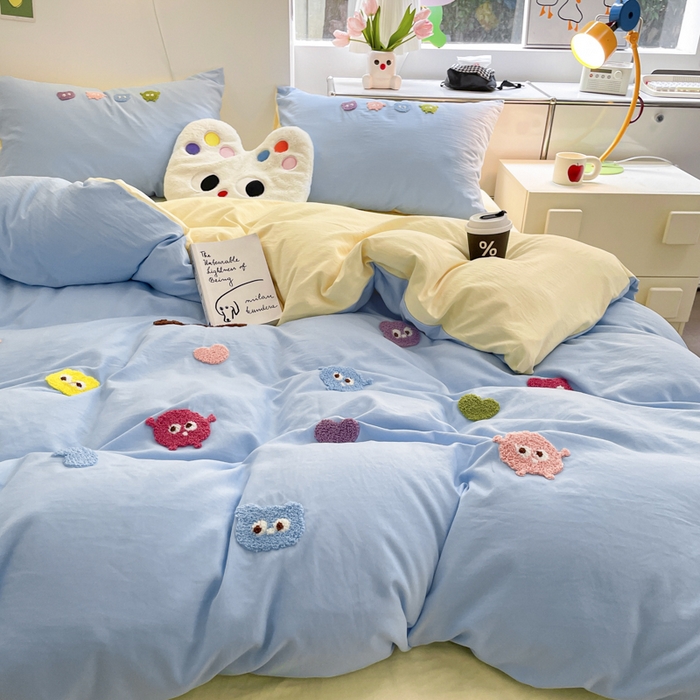 91家纺网 家纺一手货源 找家纺 优卡迪家纺馆 2025新款水洗棉毛巾绣四件套（下载文件夹包含买家秀） 开心怪兽-天蓝奶黄