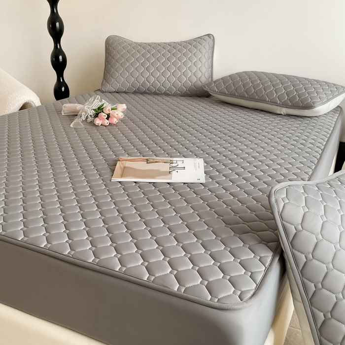 91家纺网 家纺一手货源 找家纺 欧邦2025新款纯色加厚乳胶床笠三件套 方格-深灰