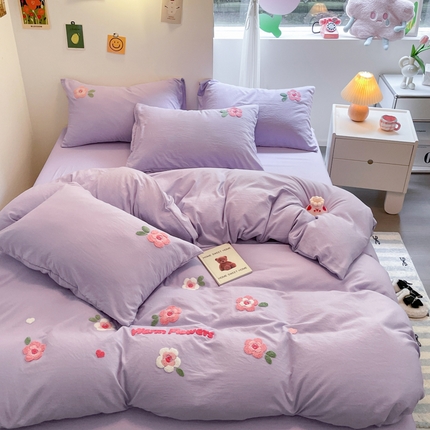 优卡迪家纺馆 2025新款水洗棉毛巾绣四件套（下载文件夹包含买家秀） 国色天香-浅紫