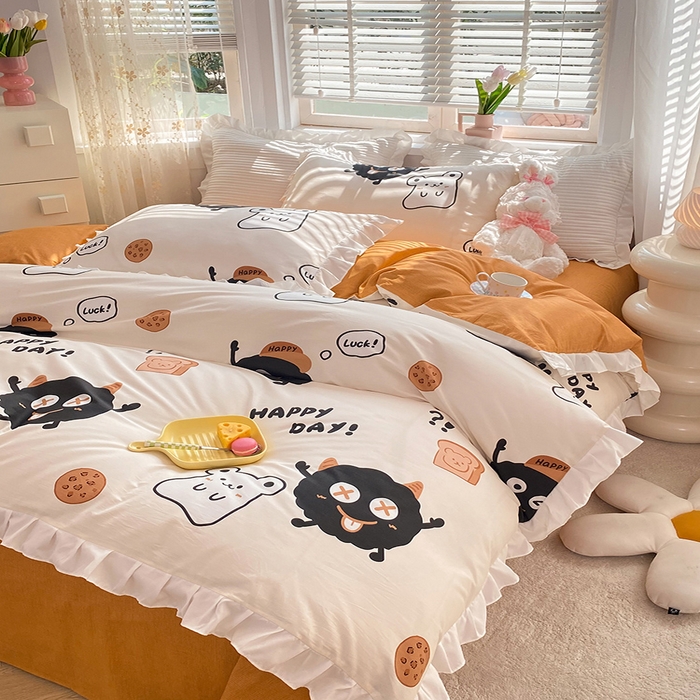 91家纺网 家纺一手货源 找家纺 2025新款公主风四件套全棉纯棉白花边被套床单款式三件套 煤球