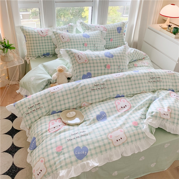 91家纺网 家纺一手货源 找家纺 2025新款公主风四件套全棉纯棉白花边被套床单款式三件套 兔兔高