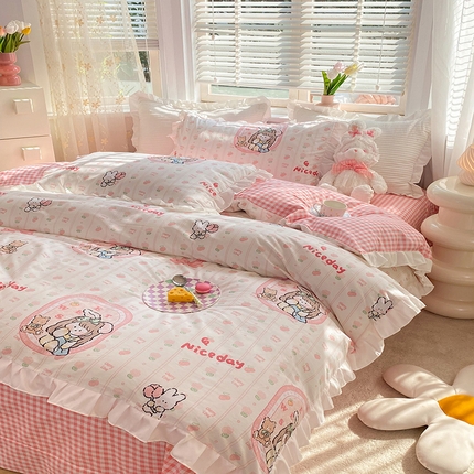 2025新款公主风四件套全棉纯棉白花边被套床单款式三件套 公主兔