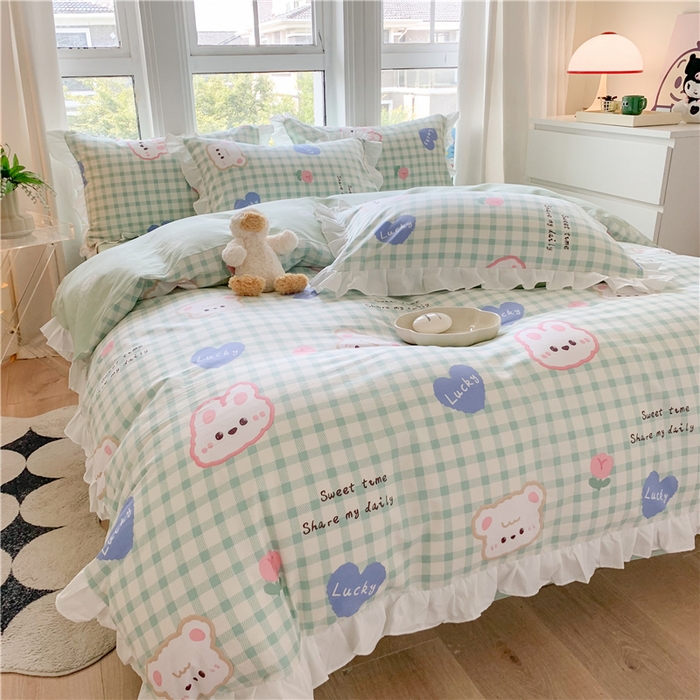 91家纺网 家纺一手货源 找家纺 2025新款公主风四件套全棉纯棉白花边被套床单款式三件套 兔兔高