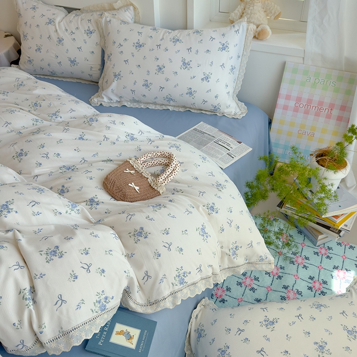 91家纺网 家纺一手货源 找家纺 竹合家纺 2025新款春日碎花法式镂空花边款式提花皱皱四件套 法式-晨曦