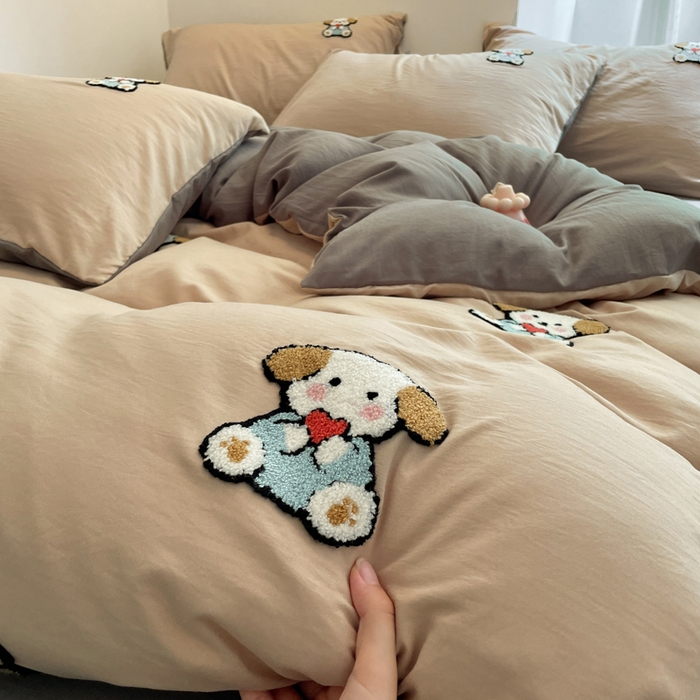 91家纺网 家纺一手货源 找家纺 优卡迪家纺馆 2025新款水洗棉毛巾绣四件套（下载文件夹包含买家秀） 彩虹狗-杏色