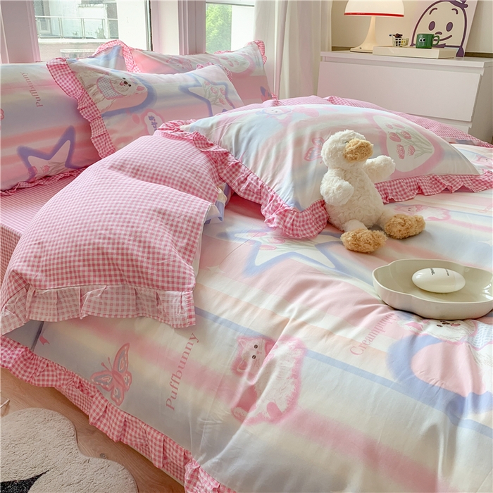 91家纺网 家纺一手货源 找家纺 2025新款公主风四件套全棉纯棉白花边被套床单款式三件套 奶油小狗