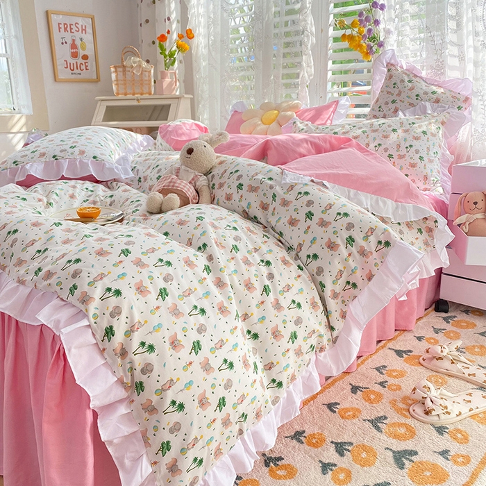 91家纺网 家纺一手货源 找家纺 2025新款公主风四件套全棉纯棉白花边被套床单款式三件套 小飞象