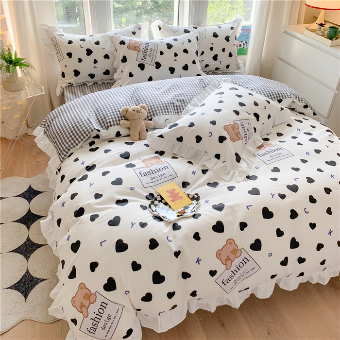 91家纺网 家纺一手货源 找家纺 2025新款公主风四件套全棉纯棉白花边被套床单款式三件套 爱心小熊