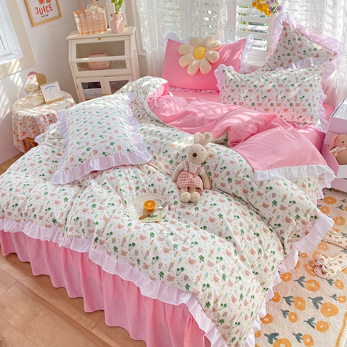 91家纺网 家纺一手货源 找家纺 2025新款公主风四件套全棉纯棉白花边被套床单款式三件套 小飞象