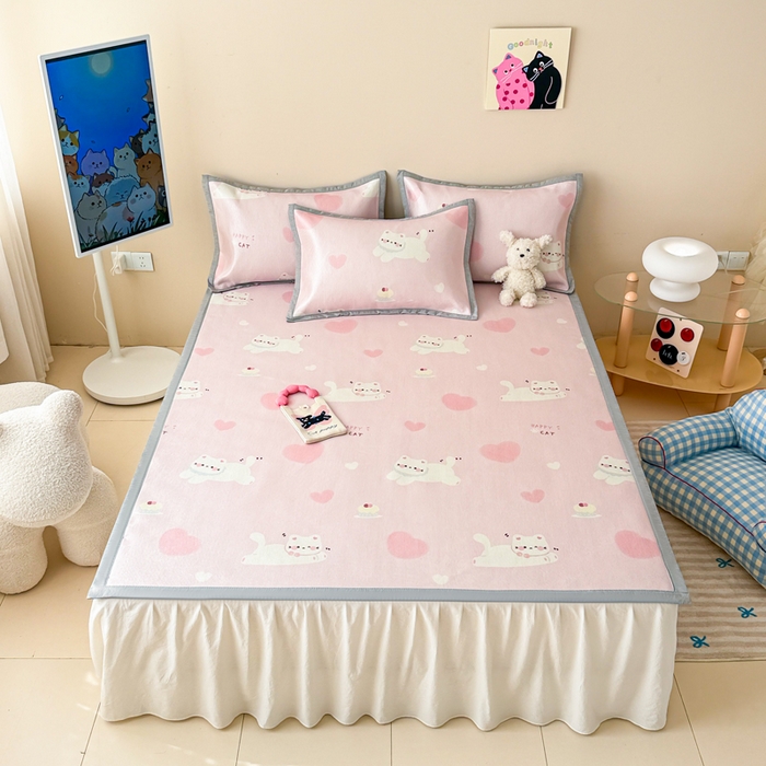 91家纺网 家纺一手货源 找家纺 懒猫家纺 2025春夏新款250D数码印花冰丝席凉席席子 慕斯小猫