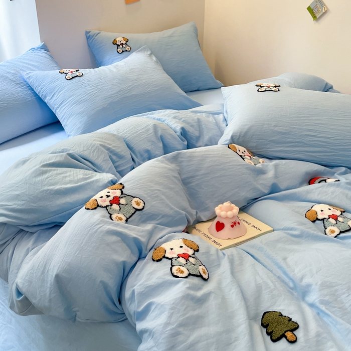 91家纺网 家纺一手货源 找家纺 优卡迪家纺馆 2025新款水洗棉毛巾绣四件套（下载文件夹包含买家秀） 彩虹狗-天蓝