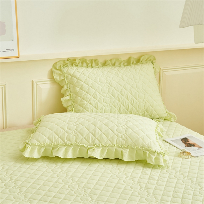 91家纺网 家纺一手货源 找家纺 恒爱家纺 2025新款A类泡泡纱床盖-杜鹃 芥末绿