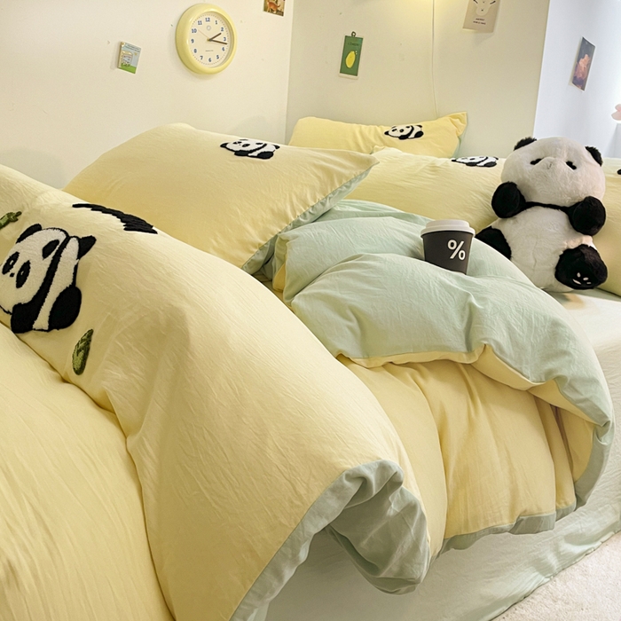 91家纺网 家纺一手货源 找家纺 优卡迪家纺馆 2025新款水洗棉毛巾绣四件套（下载文件夹包含买家秀） 淘气熊猫-黄