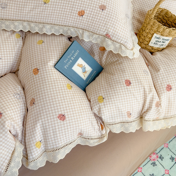 91家纺网 家纺一手货源 找家纺 竹合家纺 2025新款春日碎花法式镂空花边款式提花皱皱四件套 法式-小南瓜卡其