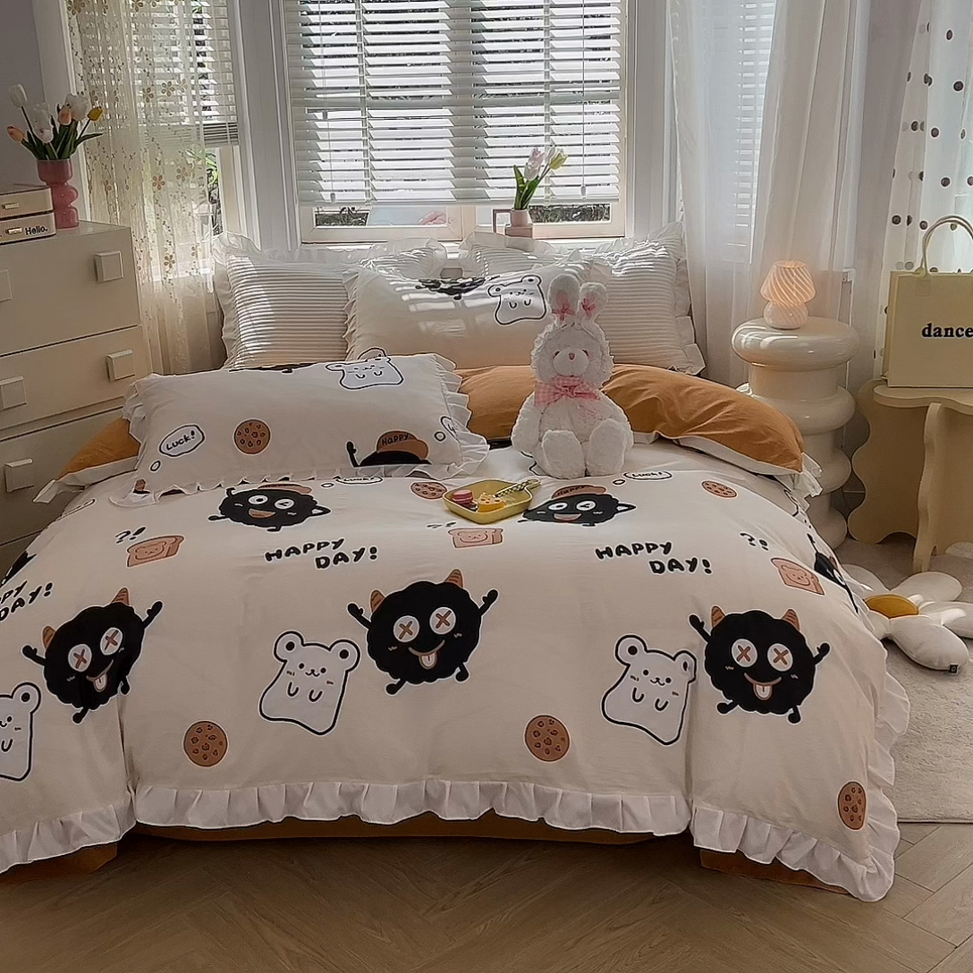 91家纺网 家纺一手货源 找家纺 2025新款公主风四件套全棉纯棉白花边被套床单款式三件套 煤球