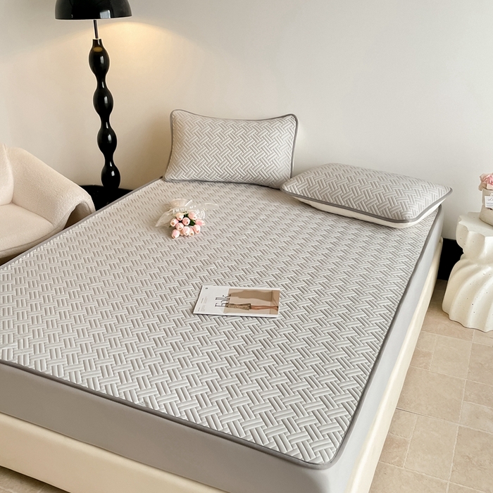 91家纺网 家纺一手货源 找家纺 欧邦2025新款纯色加厚乳胶床笠三件套 饼干花-浅灰