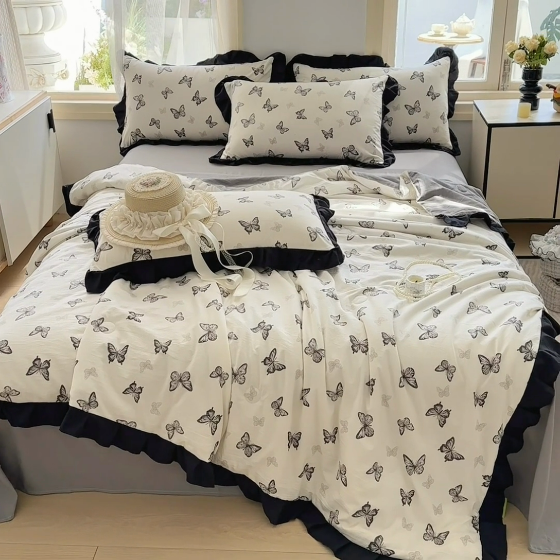 91家纺网 家纺一手货源 找家纺 佳一家纺 2025新款亲肤水洗棉夏被 蝶舞