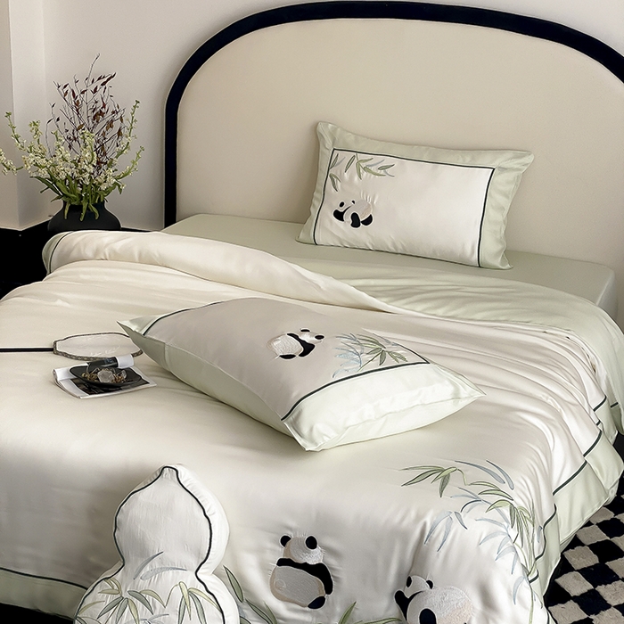 91家纺网 家纺一手货源 找家纺 MIU缪家居 2025新款60支兰精天丝四件套-熊猫与竹 熊猫与竹-爽白