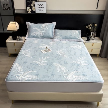 倾慕家纺 2025新款简约PE50提花凉感席席子凉席-床笠款 叶繁蓝PE床笠款