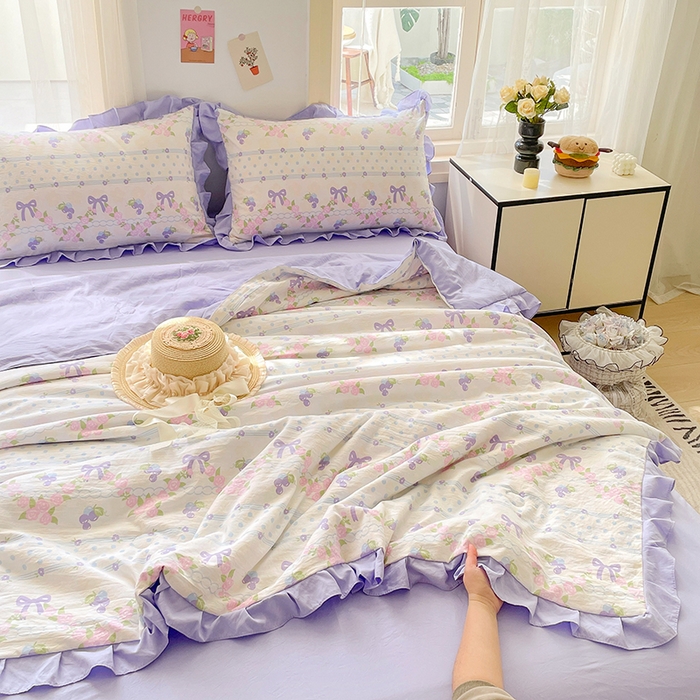 91家纺网 家纺一手货源 找家纺 佳一家纺 2025新款亲肤水洗棉夏被 蝴蝶结紫