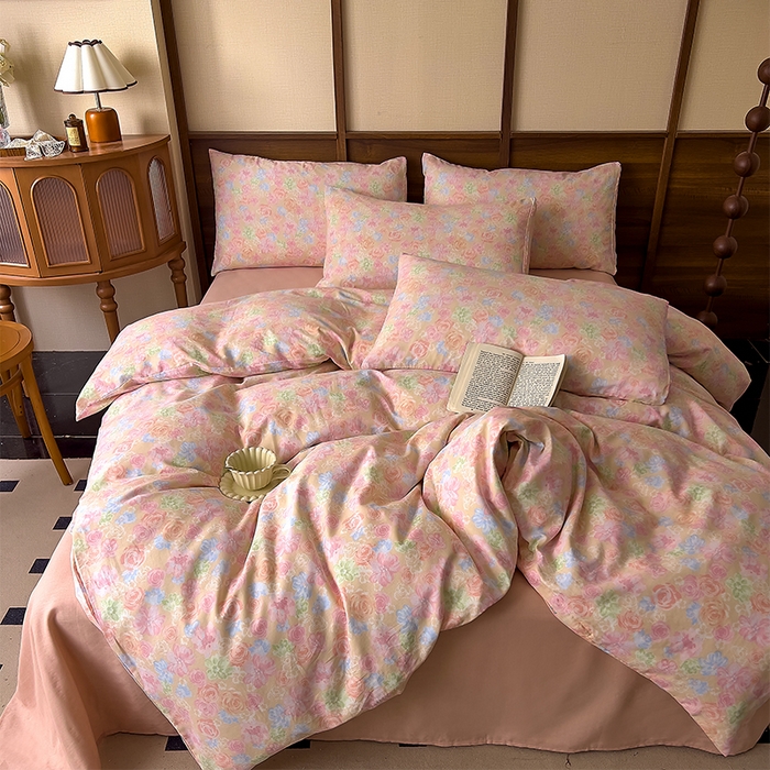 91家纺网 家纺一手货源 找家纺 优品阁  2025新款A类全棉有氧双层纱四件套 绯色花间