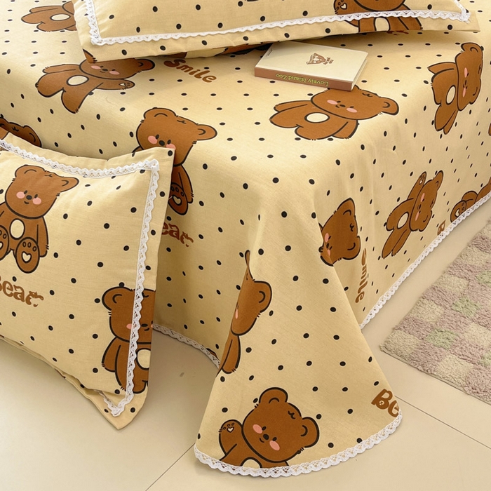 91家纺网 家纺一手货源 找家纺 新印象  2025新款花边老粗布床单款床笠款三件套小熊软糖