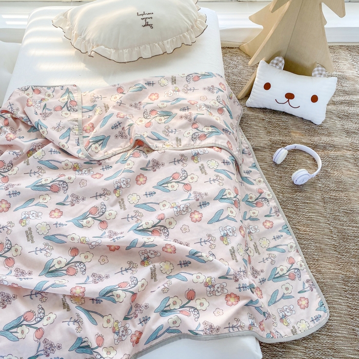 91家纺网 家纺一手货源 找家纺 潮邦 2025新款全棉双层纱多功能盖毯 心怡粉