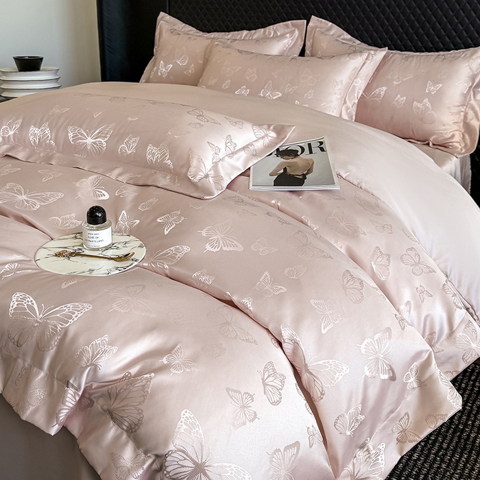 91家纺网 家纺一手货源 找家纺 狂想家 2025新款高奢提花水洗天丝系列四件套 蝶之恋轻奢粉