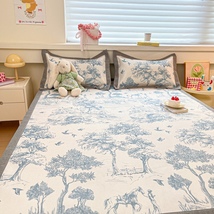 91家纺网 家纺一手货源 找家纺 花言狐语 2025新款印花真冰藤冰凉席 丛林间-蓝