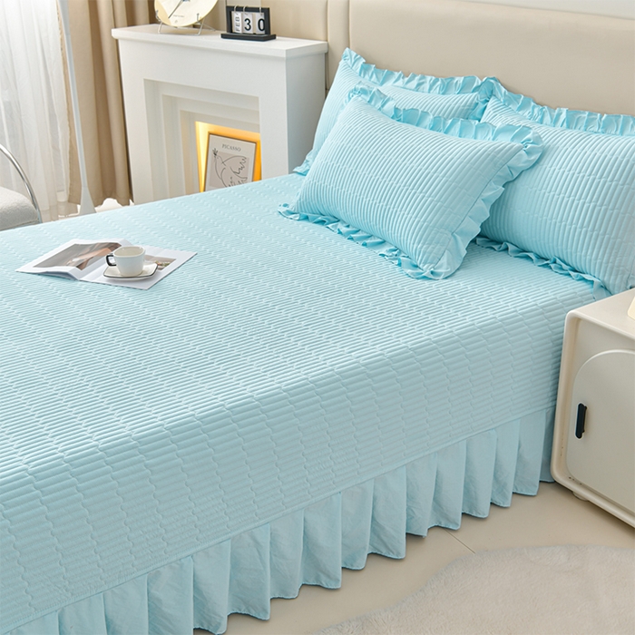 91家纺网 家纺一手货源 找家纺 星窝家纺 2025新款水洗棉花边床裙式多功能床盖三件套 经典蓝色