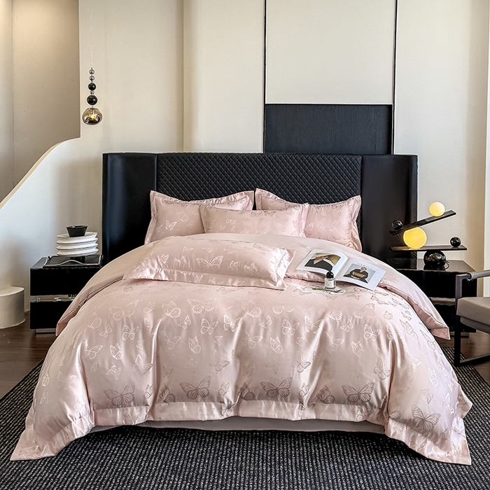 91家纺网 家纺一手货源 找家纺 狂想家 2025新款高奢提花水洗天丝系列四件套 蝶之恋轻奢粉