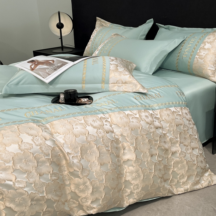 91家纺网 家纺一手货源 找家纺 米彩家纺 2025新款A类水洗真丝金丝浮雕提花绣花四件套 桃花-水绿