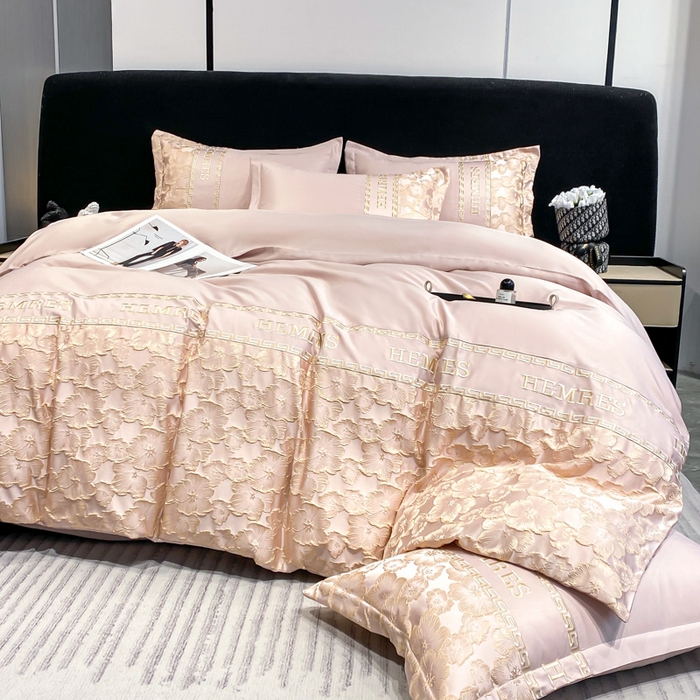 91家纺网 家纺一手货源 找家纺 子曰 2025新款金丝提花浮雕刺绣水洗真丝四件套 花开朵朵-粉