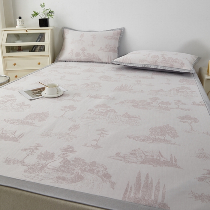 91家纺网 家纺一手货源 找家纺 曲宿家纺 2025新款A类高分子色织提花软凉席系列 山涧-粉