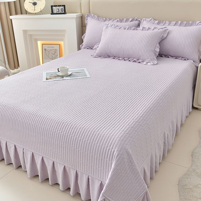 91家纺网 家纺一手货源 找家纺 星窝家纺 2025新款水洗棉花边床裙式多功能床盖三件套 经典紫色