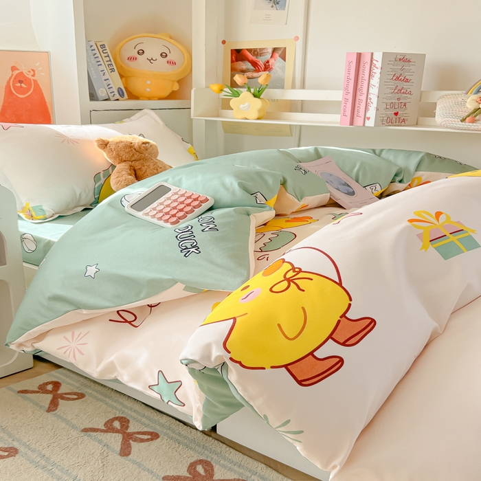 91家纺网 家纺一手货源 找家纺 悦织湾家纺 2025新款印花学生宿舍亲肤芦荟棉三件套单双人四件套轻奢印花磨毛床上用品 开心鸭