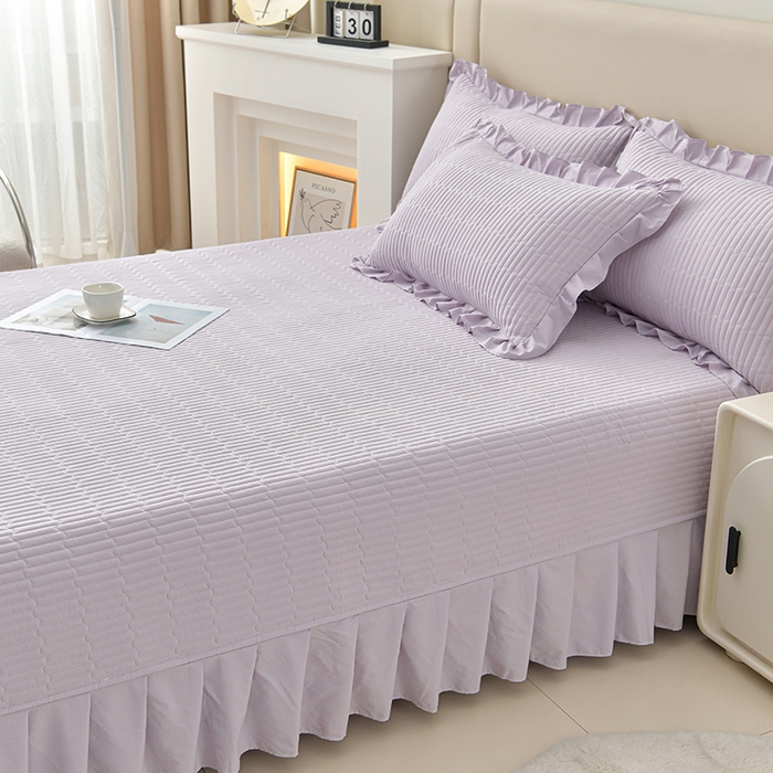 91家纺网 家纺一手货源 找家纺 星窝家纺 2025新款水洗棉花边床裙式多功能床盖三件套 经典紫色